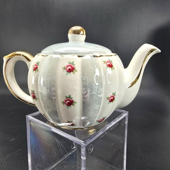 Rose Pumpkin Teapot With Blue and Gold Accents English Staffordshire JJ3837 - Picture 1 of 10